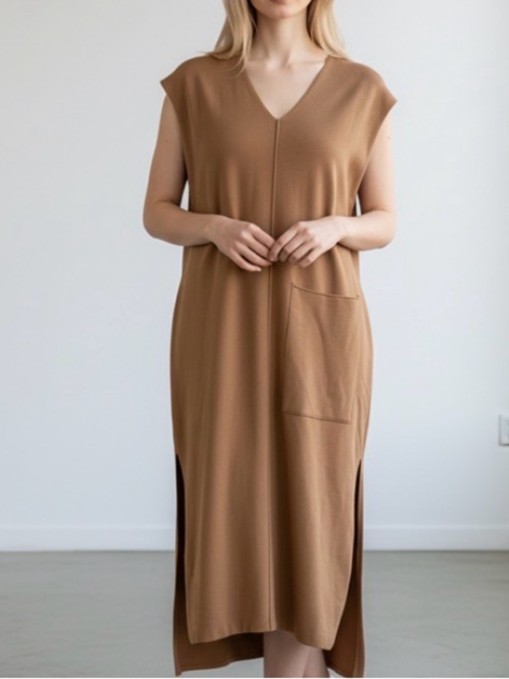 Lunya Tan Oversized Cotton Silk Blend Knit Dress Size XS/S V Neck Sleeveless